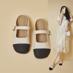 一腳蹬真皮包頭半拖女2024新款夏季拼色平底勃肯鞋女外穿涼鞋