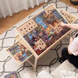 跨境儿童拼图桌可折叠便捷儿童益智拼装玩具木质带抽屉拼图收纳板