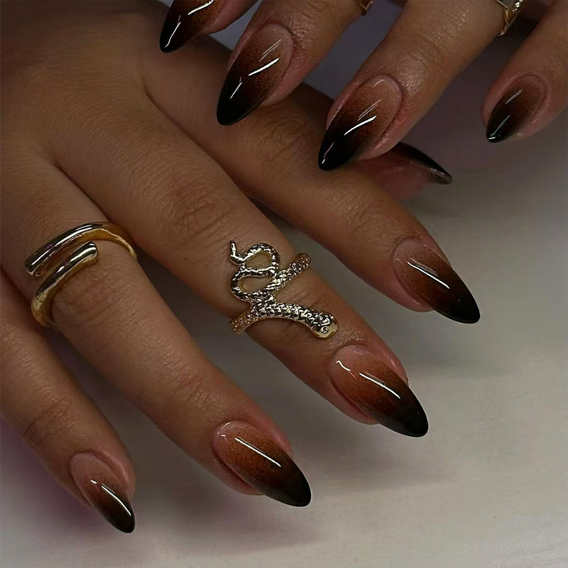 24 Pieces of Gradient Dark Red Almond Style Cross-Border Wearable Nails, High-End Manicure Nails, Fake Nails Wholesale Hot Sale