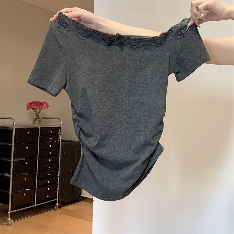 1*1 Modal Lace Splicing Slant Collar Off-Shoulder Short-Sleeved T-Shirt for Women Summer Pure Desire Bm Pleated Inner One-Shoulder Top
