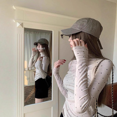 【工厂现货】人棉法式波点显瘦长袖T恤女别致独特高领打底衫上衣