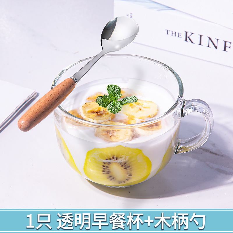 Transparent breakfast cup + wooden handle spoon