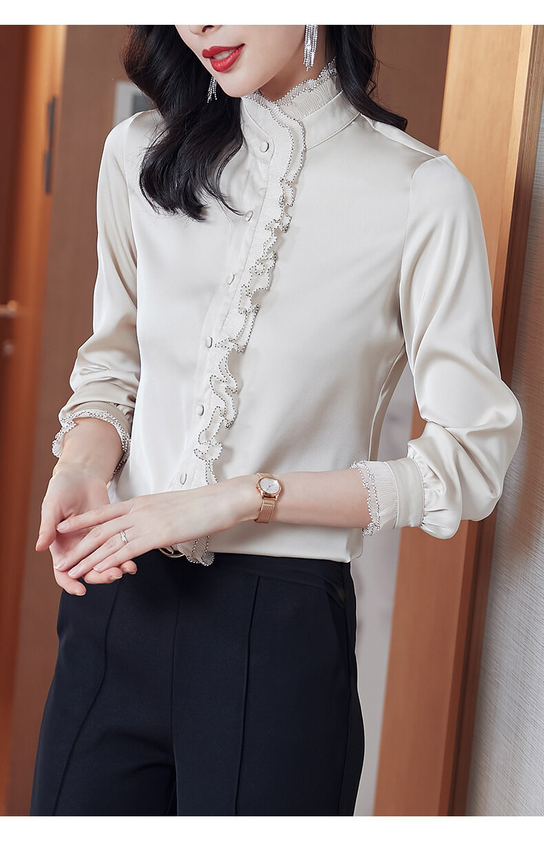 Satin chiffon stand-up collar, black ear-trimmed shirt for women, long-sleeved 2022 new Spring and autumn style, lace pic 19