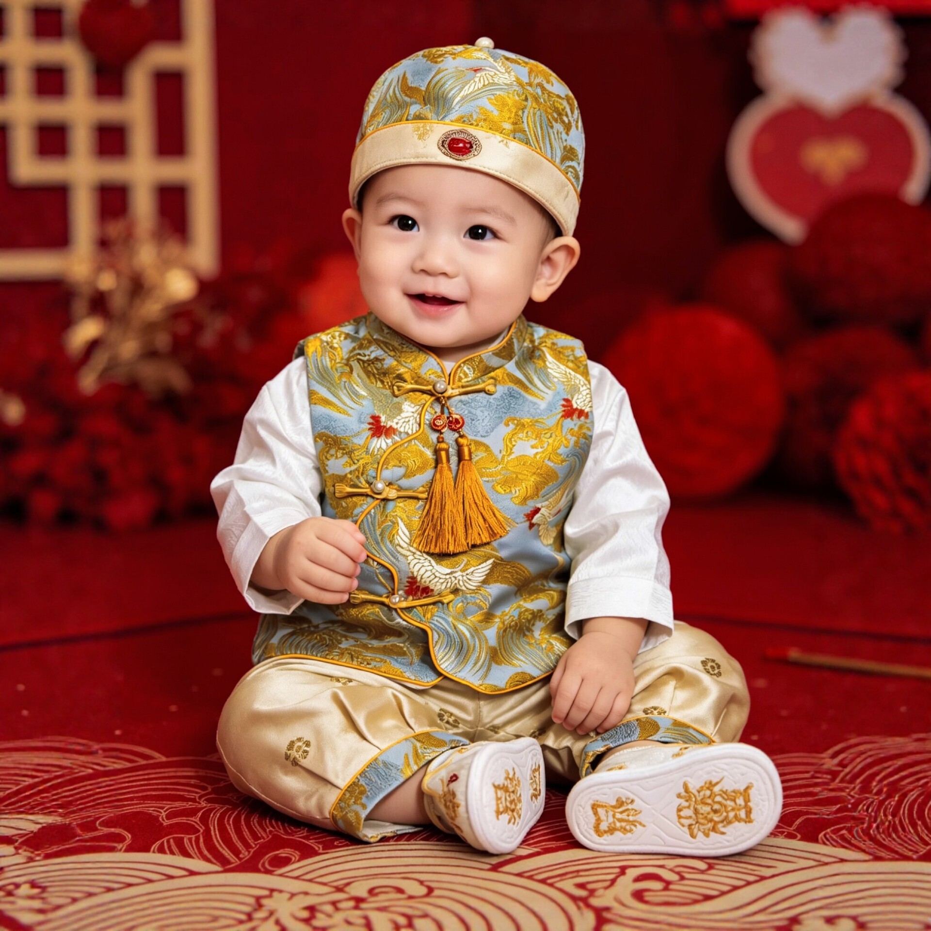 26-piece baby boy's first birthday Tang suit set, new Chinese-style birthday celebration outfit, baby's golden vest, festive and stylish for spring and autumn