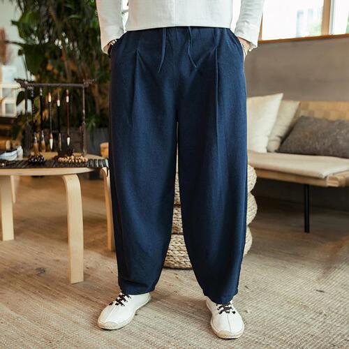 Summer and Autumn Chinese Style Men's Pants Linen Casual Loose Plus Size Fat Boy Wide Leg Pants Practice Cotton Linen Lantern Pants