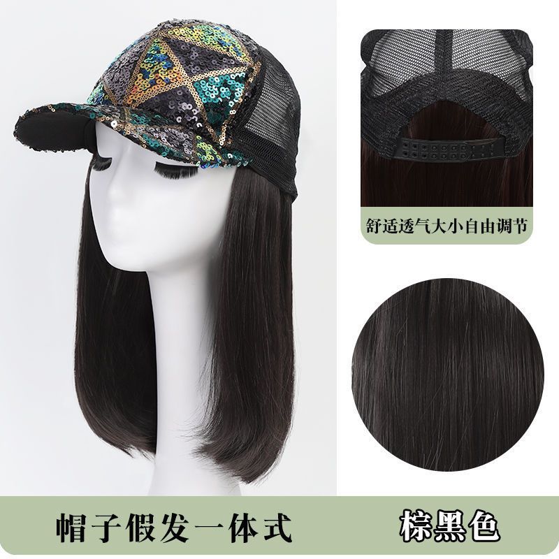 Sombrero y peluca todo en uno moda mujer versátil cara que muestra pequeños pelo corto y rizado sombrero para el sol estilo deportivo protección solar gorra de béisbol con lentejuelas