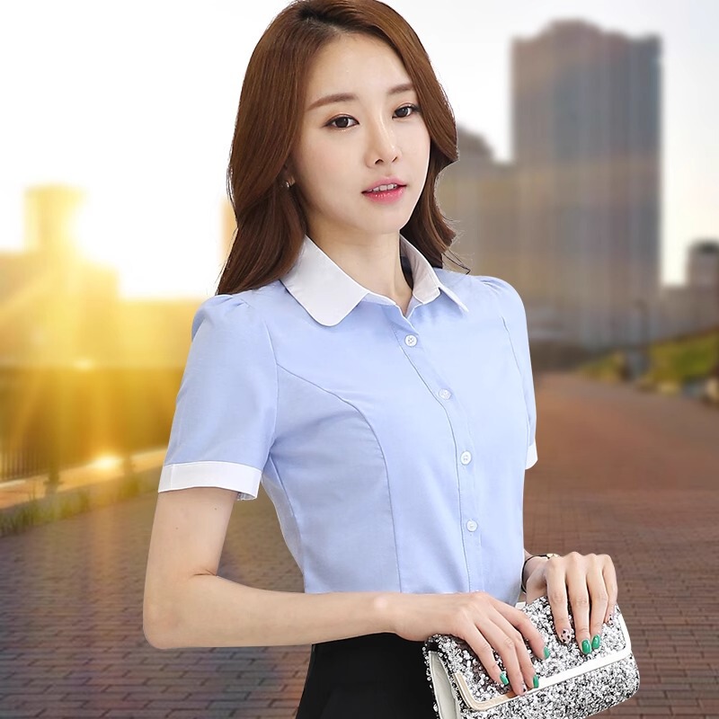 Blue Shirt Women's Short-sleeved Business Wear Elegant Work Clothes Inch Work Wear Half-sleeved Work Wear Summer White-collar Shirt Slimming Blue Shirt Women's Short-sleeved Business Wear Elegant Work Clothes Inch Work Wear Half-sleeved Work Wear Summer White-collar Shirt Slimming