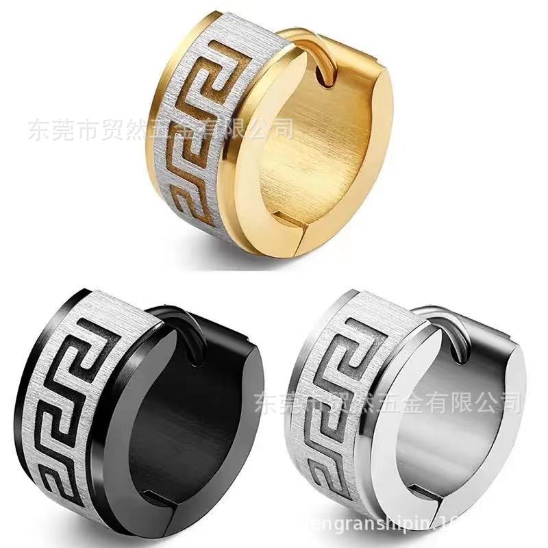 European and American Fashion Stainless Steel Earrings Stainless Steel Great Wall Pattern Trendy Men's Jewelry Ear Clips Ear Cuffs Earrings