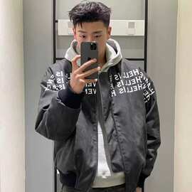 悟空有货美式高街字母刺绣PU皮棒球服男复古宽松潮流机车皮衣外套