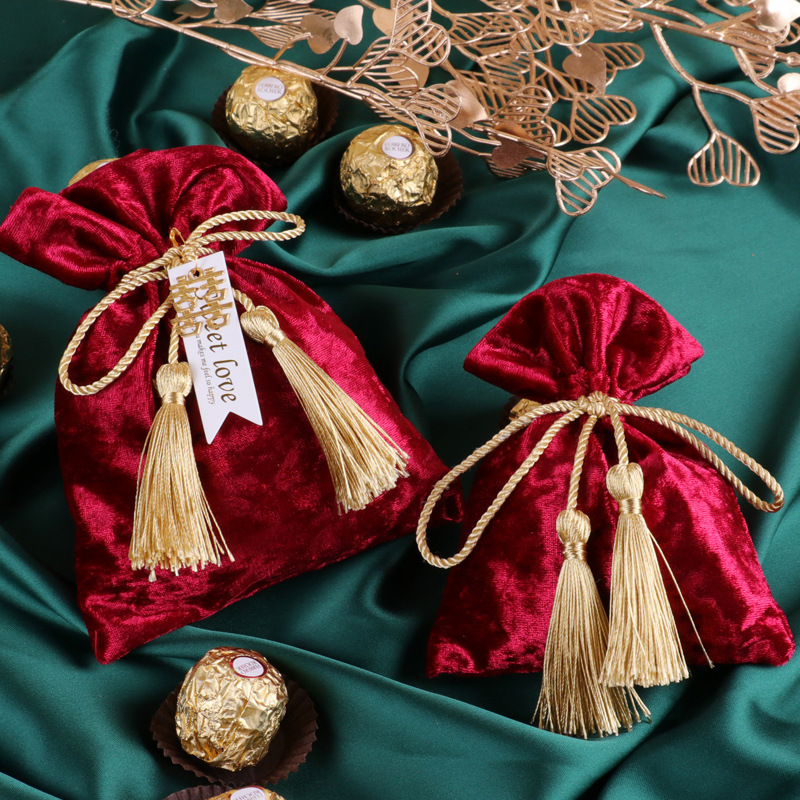 喜糖袋紅色抽繩結婚喜糖盒子婚禮糖果盒免摺疊中式絲絨喜糖盒