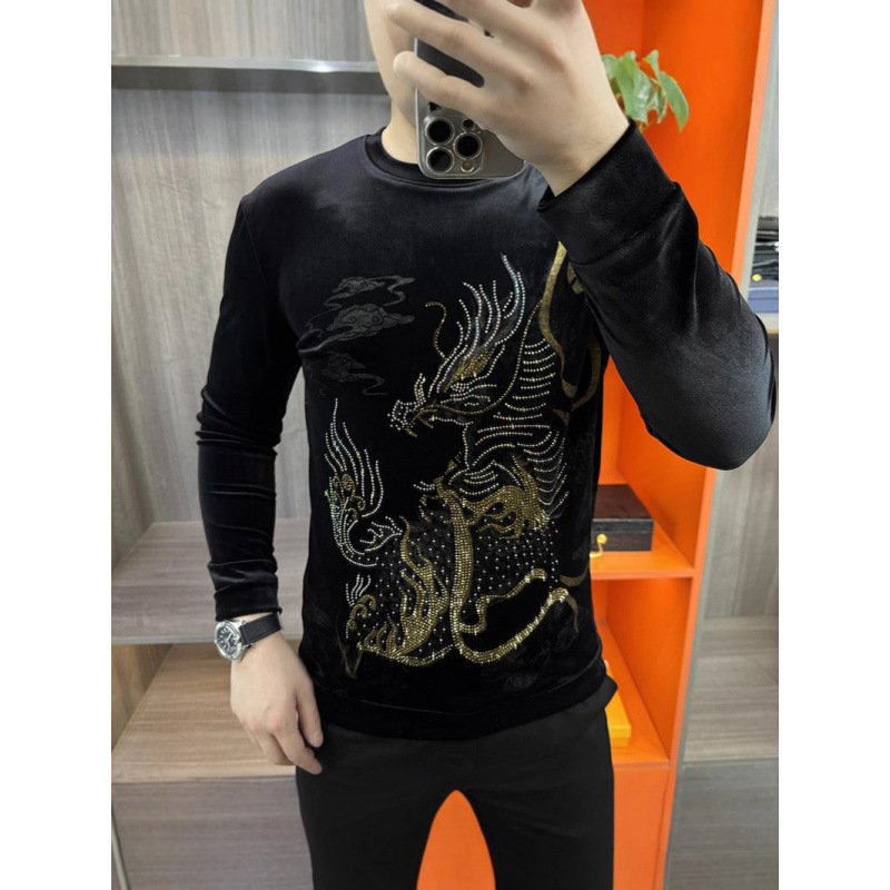 Luxury fashion European-style men's autumn new gold velvet long-sleeve round-neck sweatshirt with unique rhinestone embellishments, casual base shirt Luxury fashion European-style men's autumn new gold velvet long-sleeve round-neck sweatshirt with unique rhinestone embellishments, casual base shirt