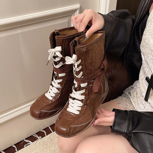 2025 Fall New Niche Design Sensibility Inner Heel Lift Women's Versatile Color Block Laced Boxing Boots Fashion Boots
