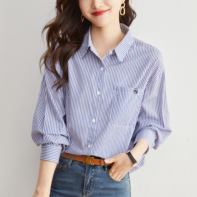 Directo de fábrica puro algodón azul rayas camisa de las mujeres de manga larga otoño nueva suelta adelgazante camisa casual todo-Juego superior