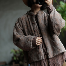落古泥原创棉麻女装复古文艺宽松对襟棉衣外套1912提花咖
