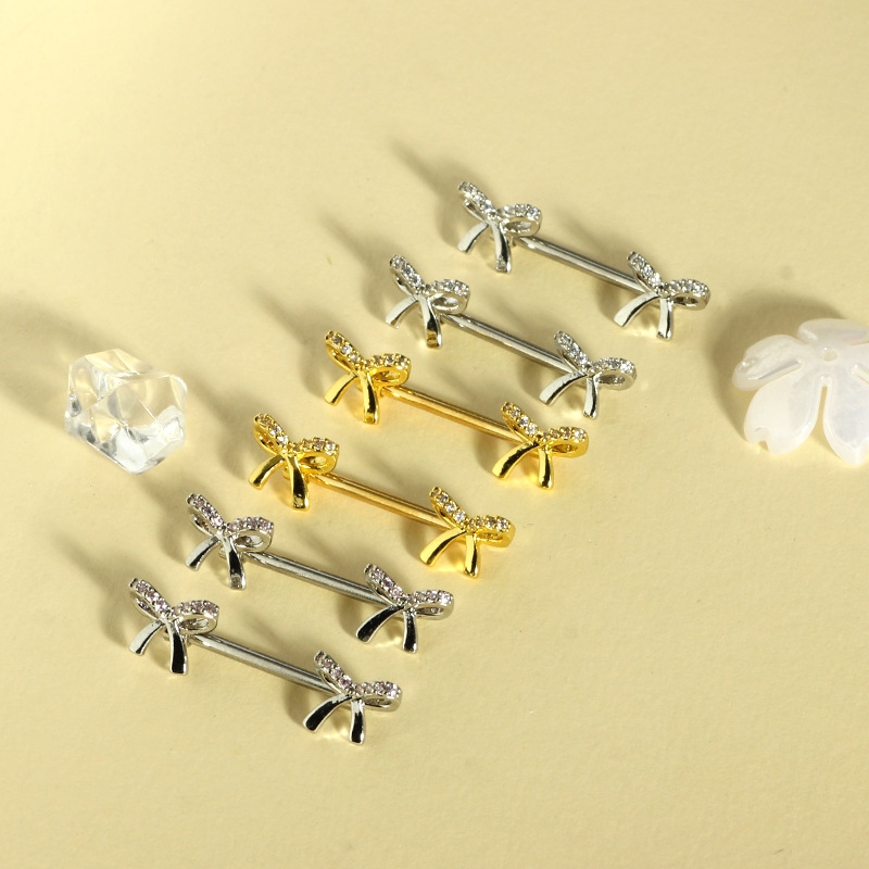 Cute Pink 16G Stainless Steel Bow Zircon Nipple Ring Exquisite Nipple Jewelry Pair detail image 4