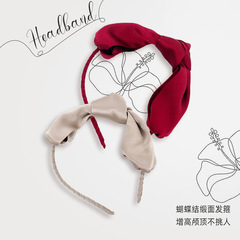 新款桑蠶絲可愛少女風素縐緞純色蝴蝶結髮箍