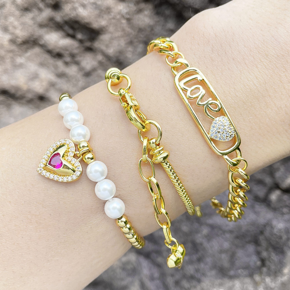 Fashion Love Heart Shape Copper Bracelets Gold Plated Zircon Copper Bracelets