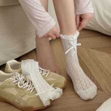 純白仙女洛麗塔蝴蝶結襪子女蕾絲花邊長筒襪ins日系JK鏤空中筒襪