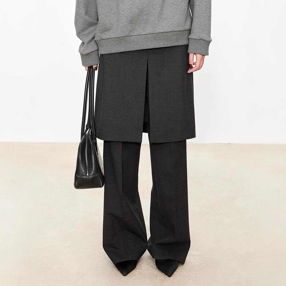 Th~ Row Niche Fashion Blogger Layered Fake Two-Piece Wide-Leg Pants for Women with High Waist Slits and Slightly Flared Skirt Pants