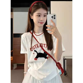 时尚 夏季百搭纯棉哺乳T恤辣妈短袖百搭显瘦简约小猫喂奶上衣