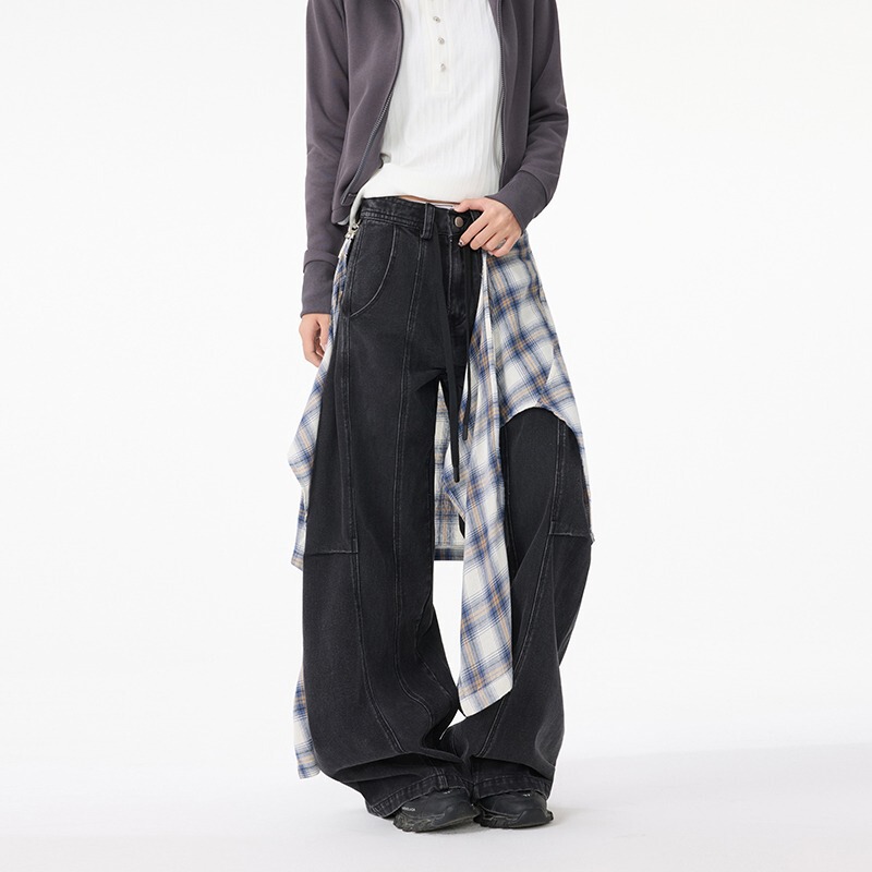 Forever 21 High Street Plaid Faux Two-Piece Denim Skirt Pants for Women, Niche Black High-Waisted Loose Wide-Leg Pants