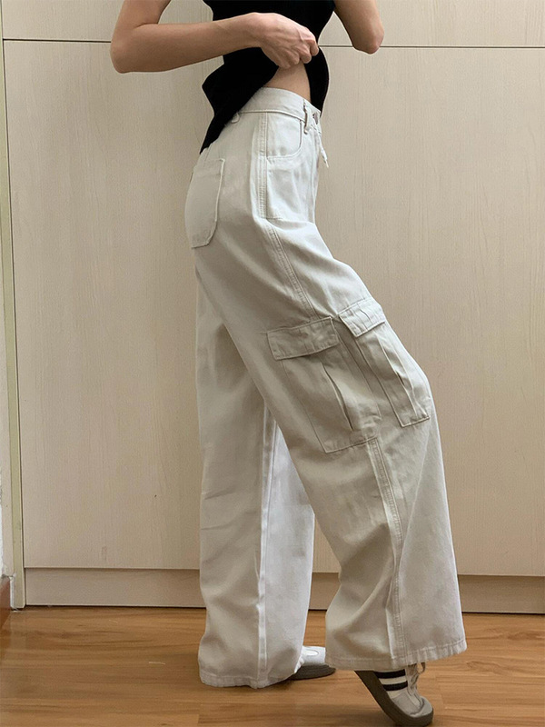 杏白色阔腿牛仔工装裤女秋季新款美式复古宽松显瘦休闲直筒长裤子|undefined