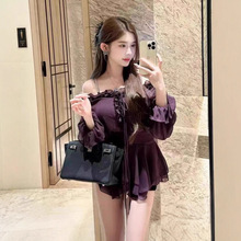 紫色一字领木耳边打底长袖雪纺衬衫短裙法式气质绑带收腰连衣裙女