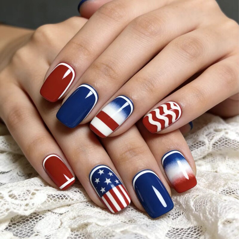 New Independence Day Short Round Fake Nails with Red and Blue Star Stripes, 24 Pieces, Detachable New Independence Day Short Round Fake Nails with Red and Blue Star Stripes, 24 Pieces, Detachable