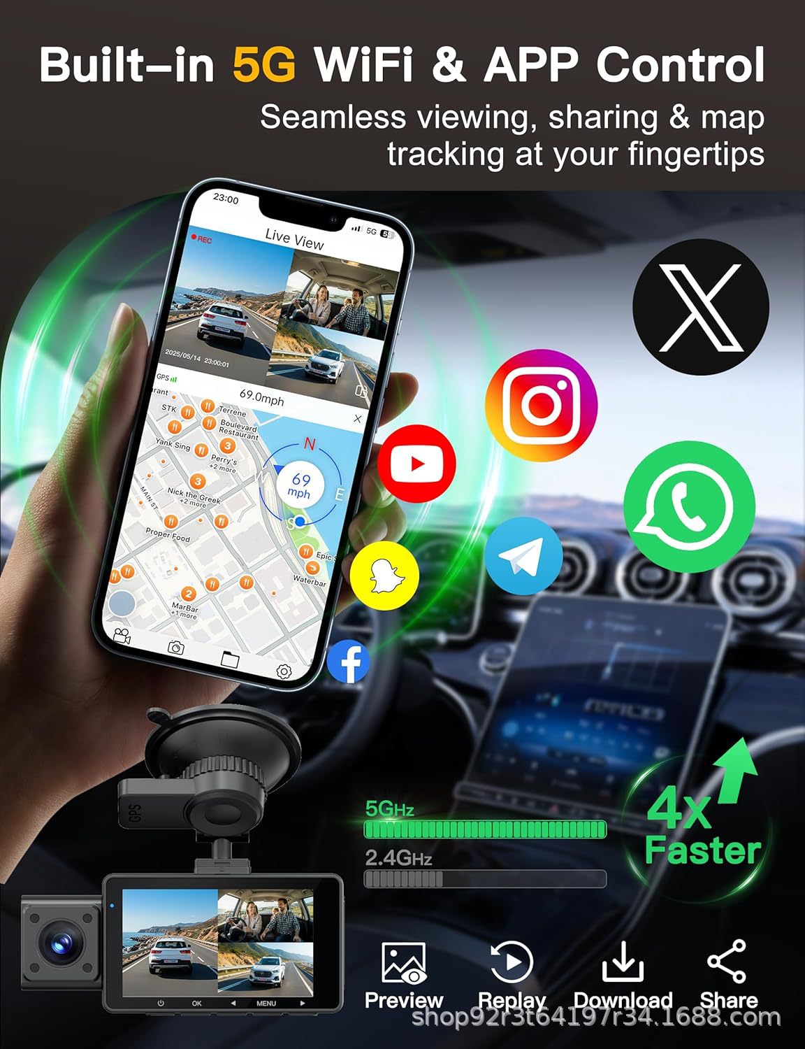 2.5K triple-lens dash cam, recording simultaneously on three channels, high-definition night vision, wide-angle, and high-definition recording