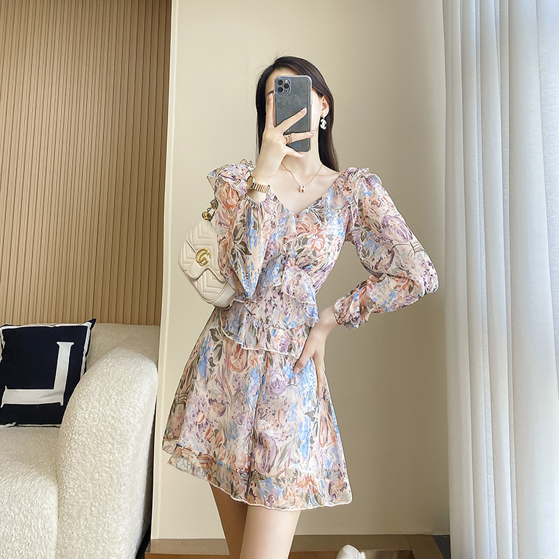 2030 Chiffon Dress for Women 2023 Summer New Waist-Cinching V-Neck Long Sleeve Sun Protection Jumpsuit Wide-Leg Pants Shorts