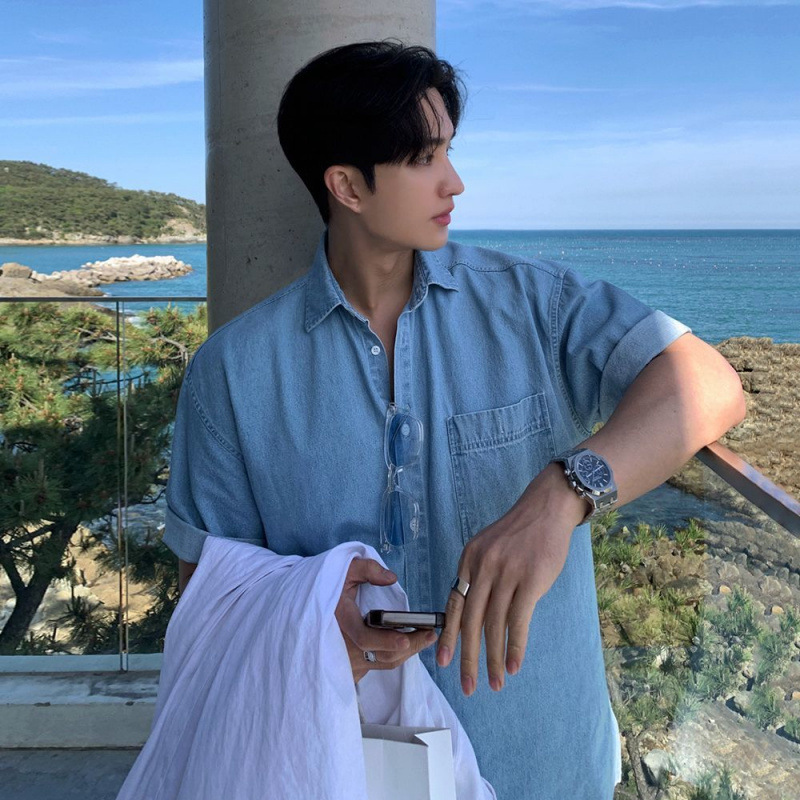 MYQ Washed Denim Short-sleeved Shirt Men's Summer Loose Casual Shirt Korean Style Commuting Style Retro Wear