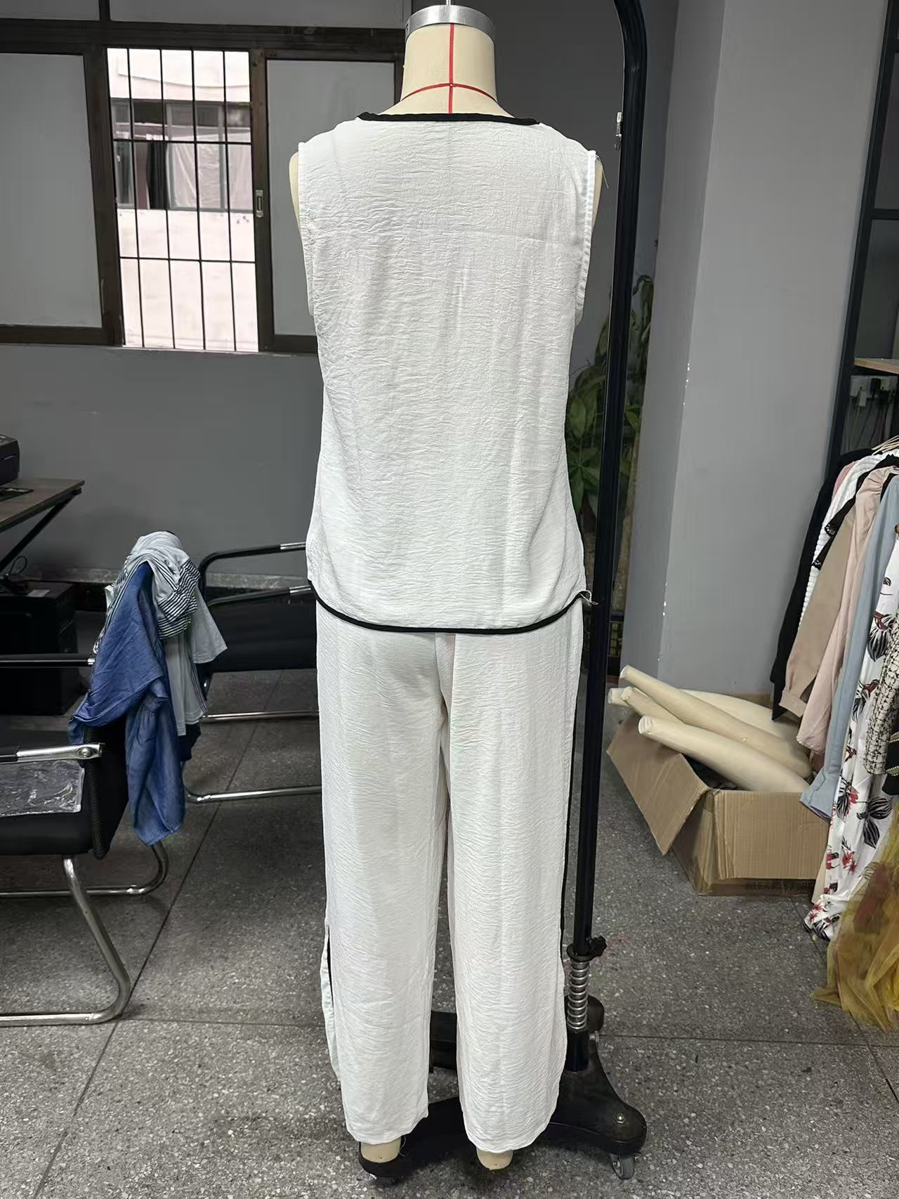 Summer Women's Sleeveless V Neck Color Block Wide Leg Pants Set Style Casual Fashion Solid Two Piece_ecoleips.com