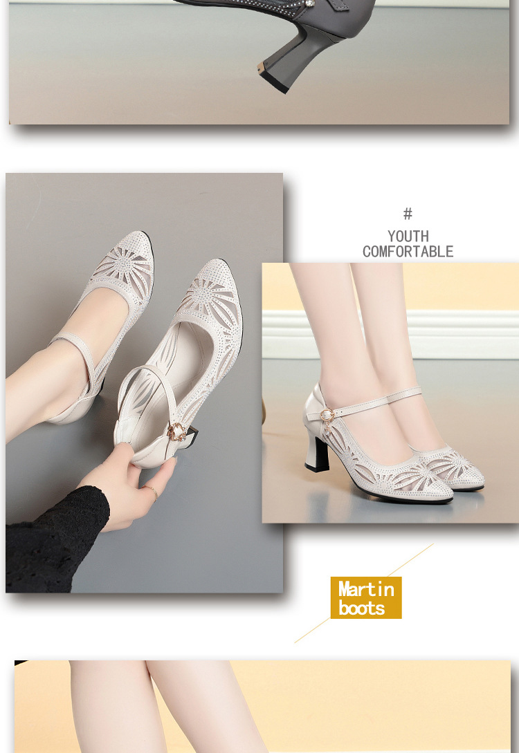 Sandal cao gót nữ hở mũi da lưới thoáng khí, gót vuông ổn định — Màu be chi tiết 8