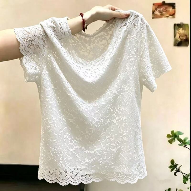 Versatile Hollow-Out Lace Short-Sleeve Top for Women, Summer Thin Style, Exquisite Mesh, Stylish Round Neck, Layered Wear, Atmospheric Blouse Versatile Hollow-Out Lace Short-Sleeve Top for Women, Summer Thin Style, Exquisite Mesh, Stylish Round Neck, Layered Wear, Atmospheric Blouse