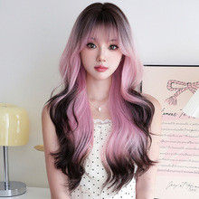 跨境欧美假发女长卷发粉咖渐变头套化纤仿真整顶式全头套高温丝