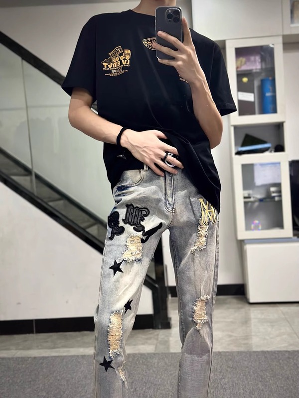 美式高街复古五角星贴皮补丁牛仔裤男女潮流街头嘻哈修身小脚长裤|undefined