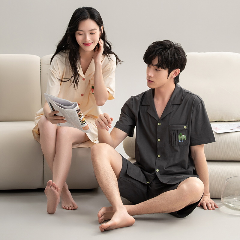 [Antibacteriano] Pijamas de pareja, cardigan fino de algodón de verano, solapa, pantalones cortos de manga corta, trajes coreanos para hombres y mujeres, servicio a domicilio