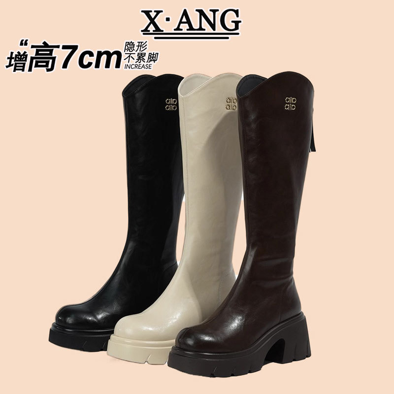 牛皮版粗跟V口高跟长筒靴小个子厚底增高不过膝高筒靴子女骑士靴|undefined