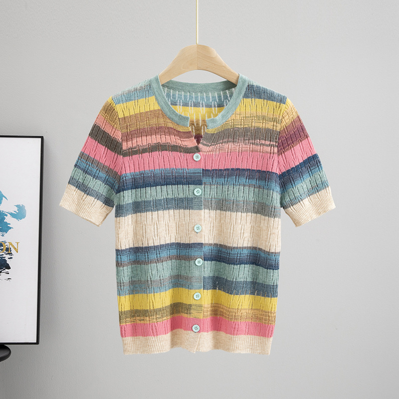 Cross-border Korean-style Slim-fit Color Striped Short-sleeved T-shirt Women's Summer New Hollow V-neck Knitted Cardigan Top Thin