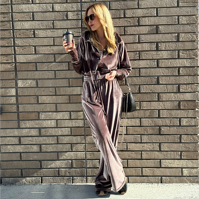 Amazon Cross-Border European and American Fashion Casual Women's Solid Color Zip-Up Cardigan 2026 Sweatshirt and Drawstring Pants Two-Piece Set Winter