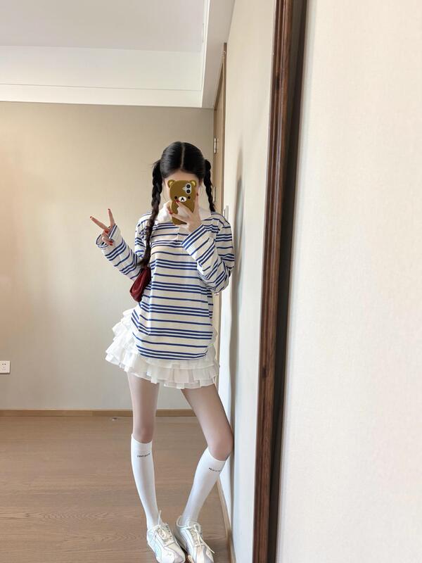 韩系撞色条纹学院风POLO衫长袖t恤女秋季2025新款宽松慵懒风上衣|undefined