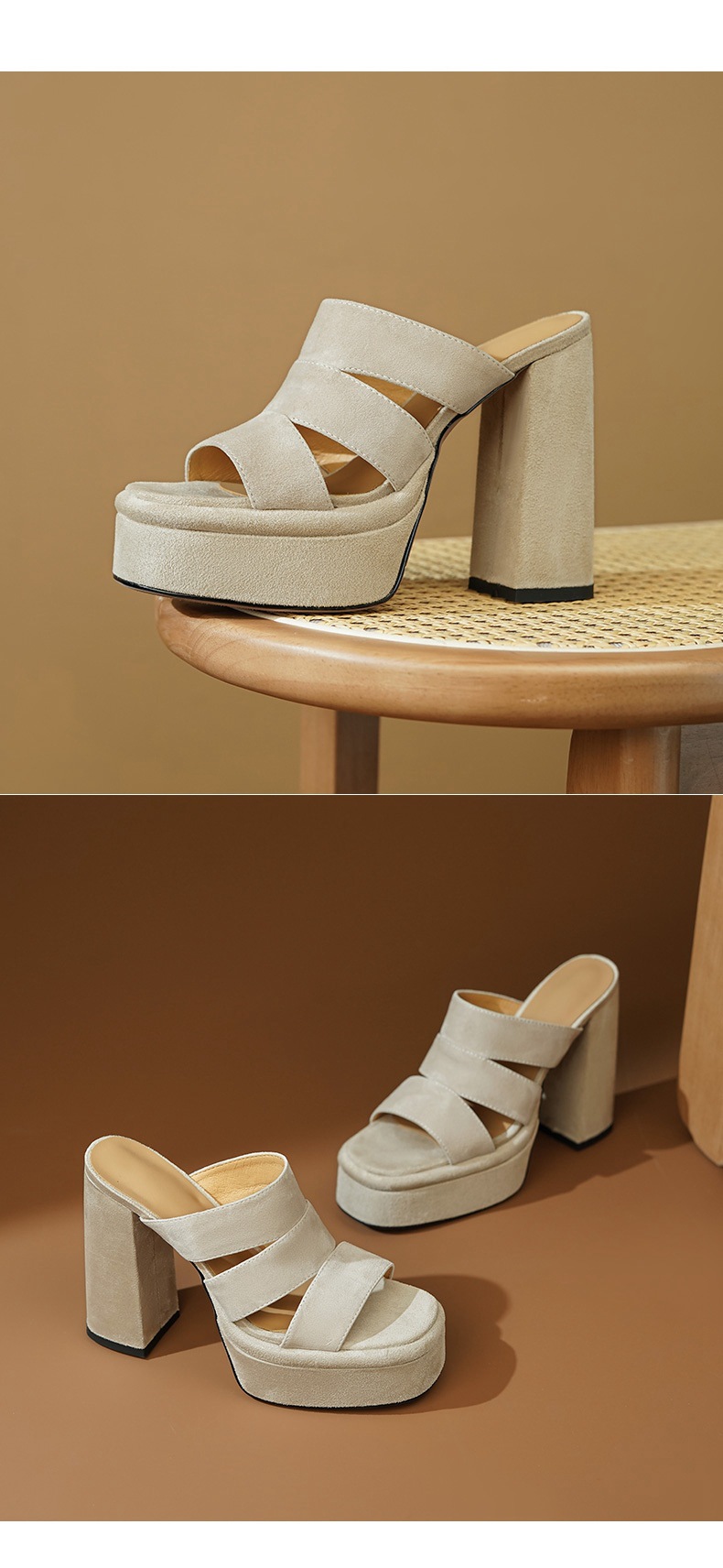 Sandal cao gót nữ hở mũi gót thô 12 cm đế dày phong cách La Mã — đen chi tiết 8