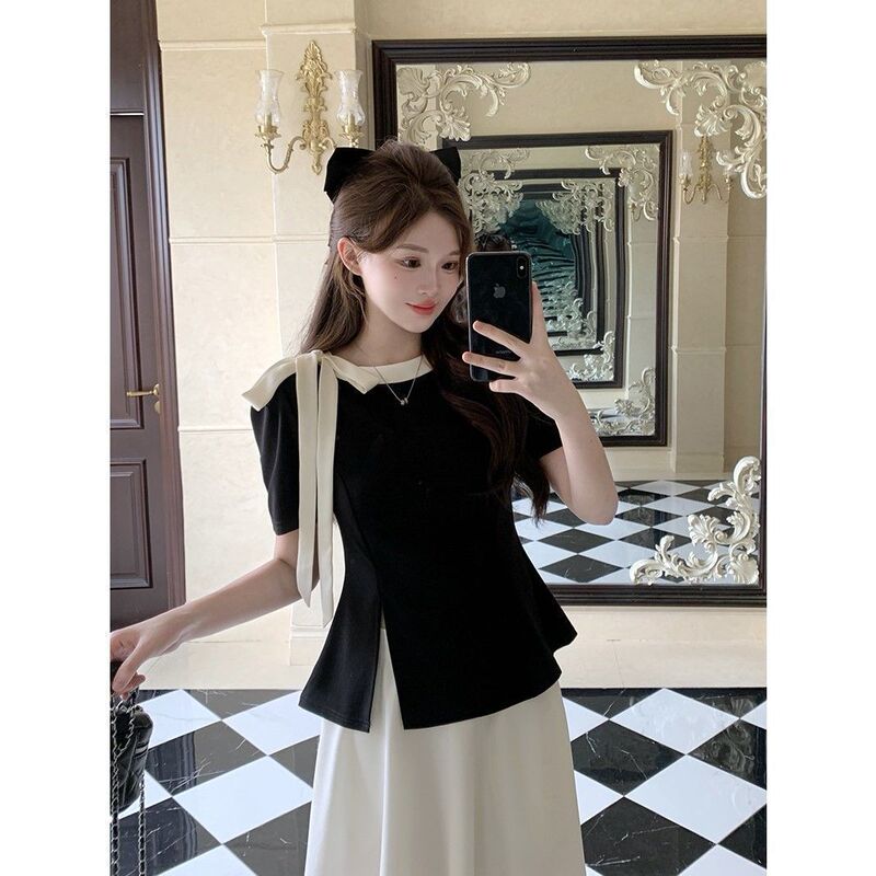 大码撞色系带蝴蝶结开叉短袖t恤女夏季新款胖mm宽松显瘦遮肉上衣|undefined
