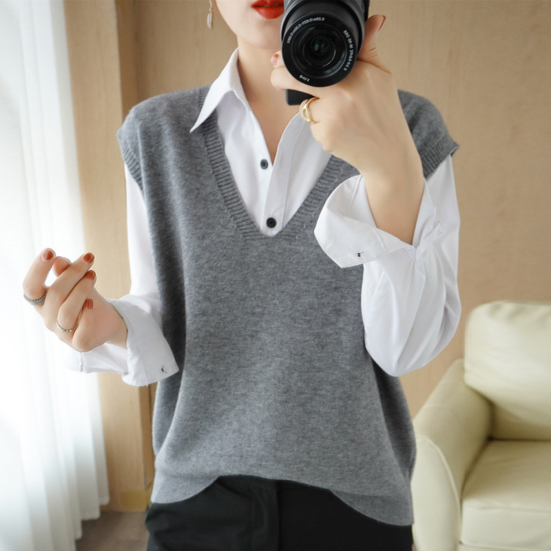 A principios de otoño de punto de las mujeres Chaleco con cuello en V suelta desgaste exterior sin mangas chaleco superior casual estilo perezoso suéter al por mayor