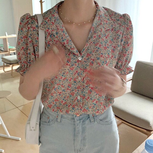 Summer Retro Collared Small Fresh Floral Blouse Bubblesleeve Loose Matchable Short Sleeve Shirt