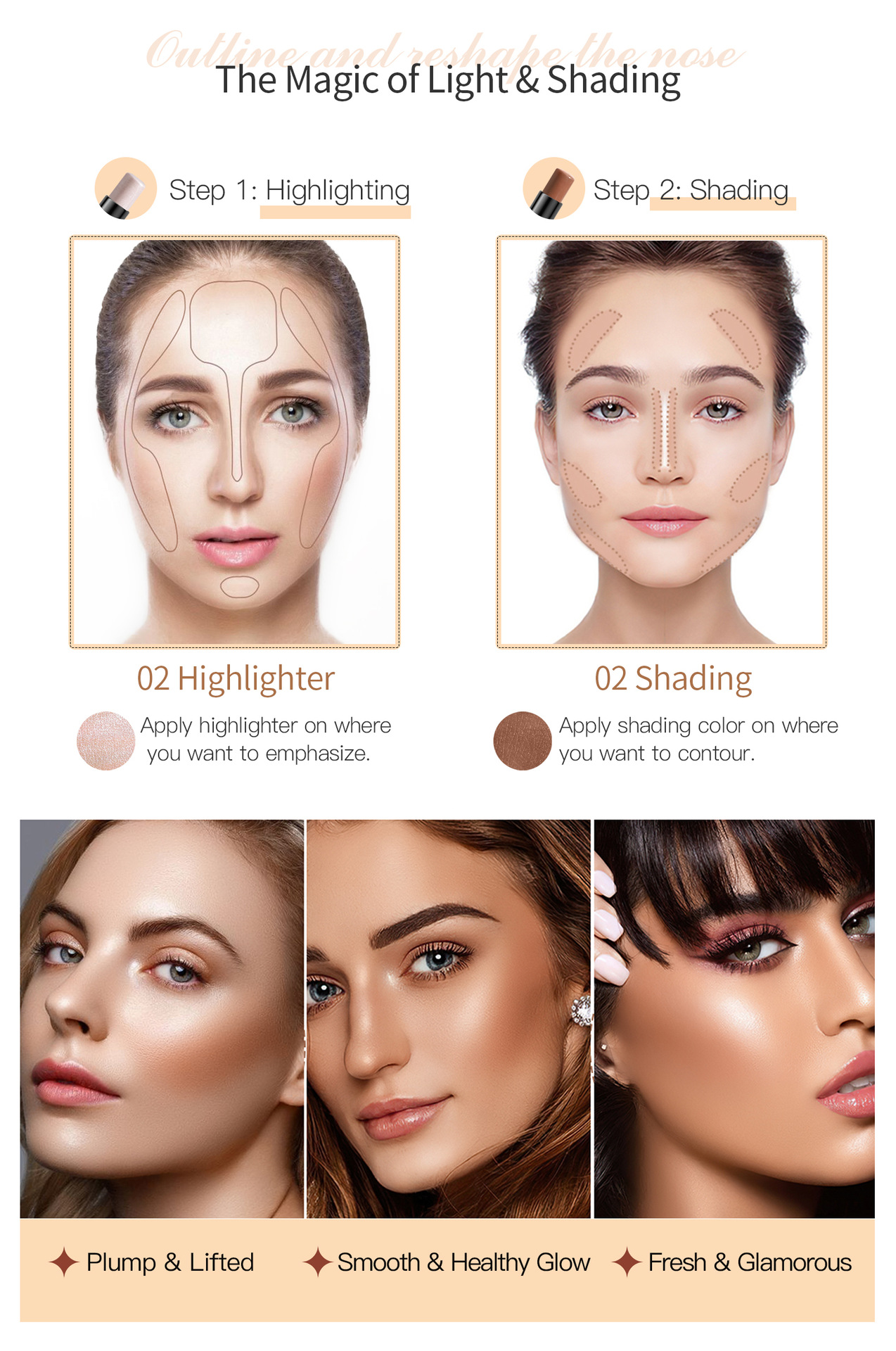HelloKiss Double-headed Highlighter Contouring Stick, pearlescent three-dimensional, naturally brightening and modifying facial shadows, cross-border makeup undefined