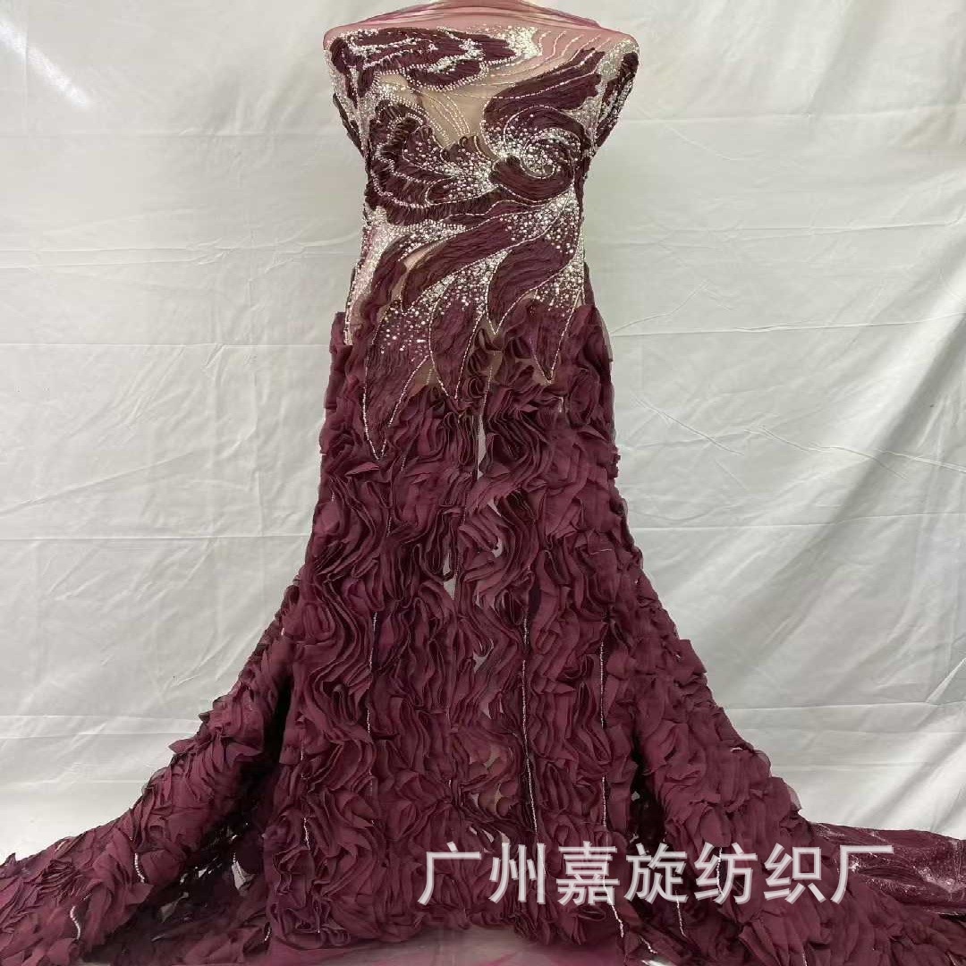 Tela bordada para vestido de novia con lentejuelas florales tridimensionales, encaje de malla transparente, estilo europeo y americano.