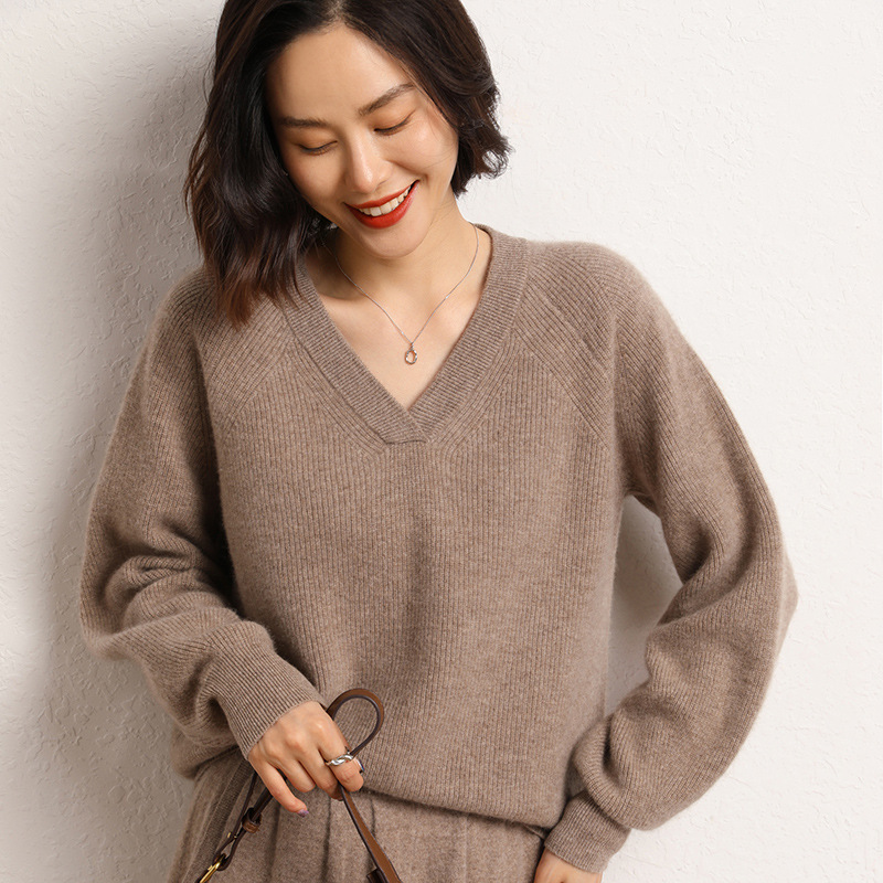 Mountain Cashmere Sweater Women's V-neck Fashionable Interior Lazy Style Loose Long-sleeved Soft Waxy Sweater Bubble-sleeved Wool Sweater