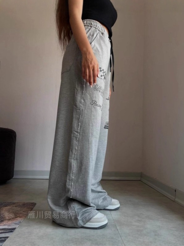 Europa y Estados Unidos transfronterizos retro estampados casuales pantalones deportivos tendencia de moda de cintura alta suelta pantalones grises rectos image 3