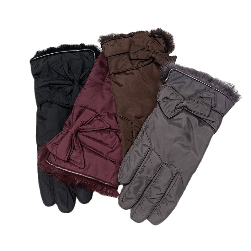 秋冬跨境专供轻薄纯色羽绒布手套现货可爱大蝴蝶兔毛手套厂家批发